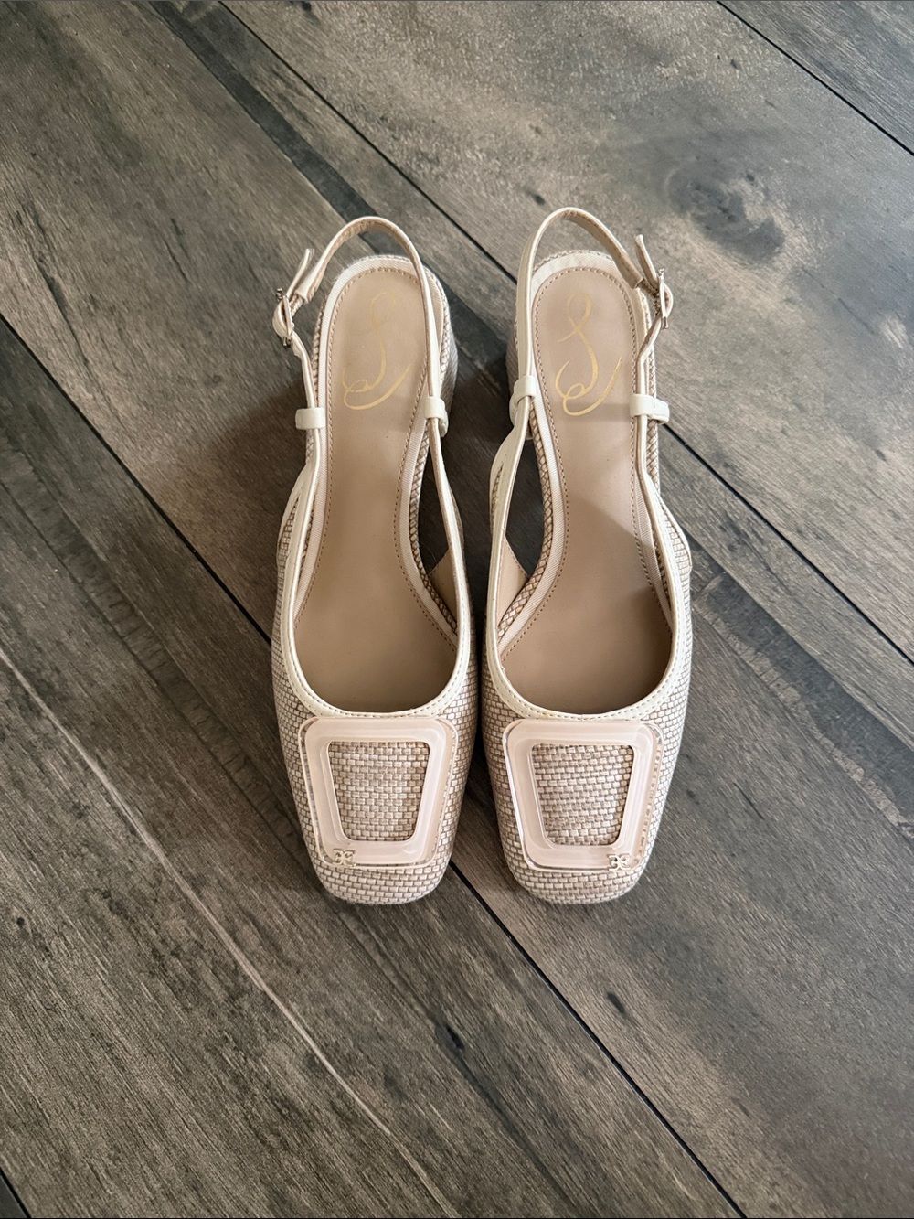 Women’s Beige Slingback Woven Square-Toe Heels
